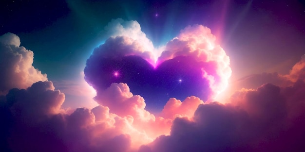 Foto illuminazione a forma di cuore nello spazio nuvola colorata