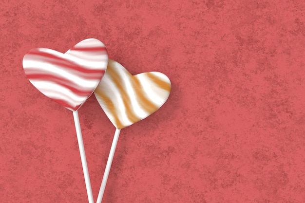 Heart shape lollipop. Colorful valentine background. 3D rendering.