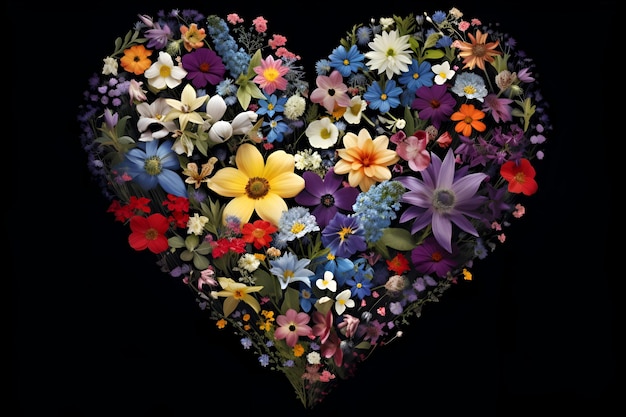 Heart shape made of colorful flowers on black background valentines day concept