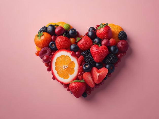 Heart shape made of different fruits and beers on pastel background ai generative