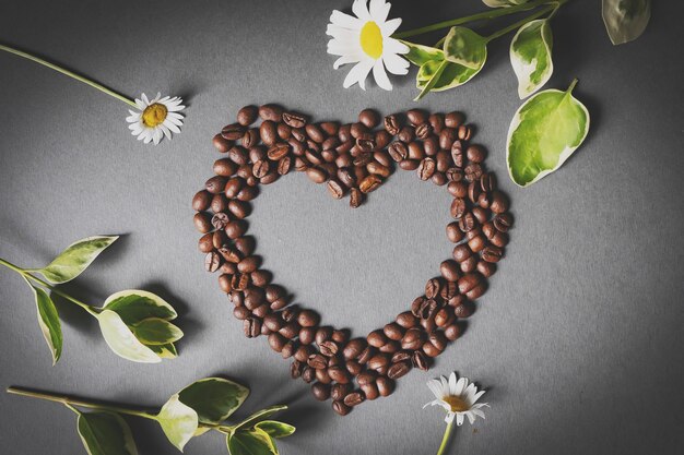 Heart shape made from coffee beans on valentines day