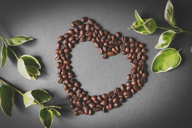 Heart shape made from coffee beans on valentines day