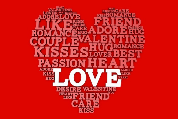 Форма сердца из любовных слов День святого Валентина 3D рендеринг