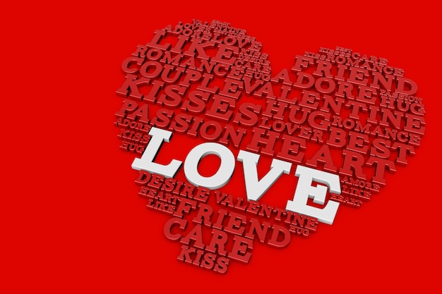 Photo heart shape made from love words valentines day 3d rendering