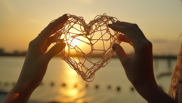 Heart shape on nature sun light flare wave and blur tropical sunset beach abstract background