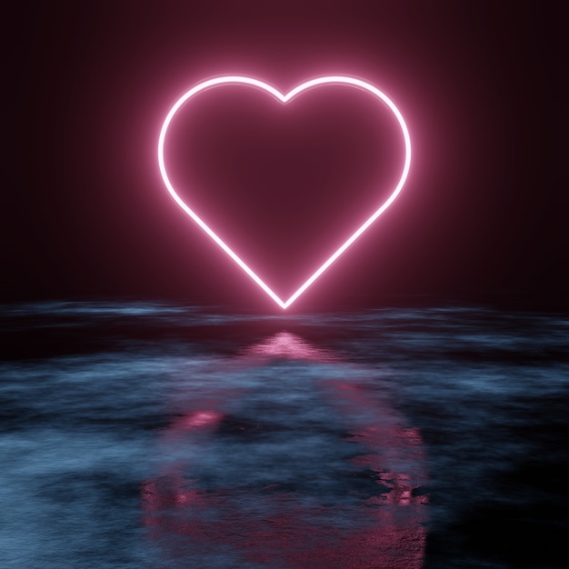 heart shape neon glow on reflection floor