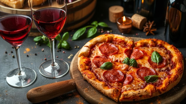 暗いテーブルに心の形のピザとワイングラスが置かれています