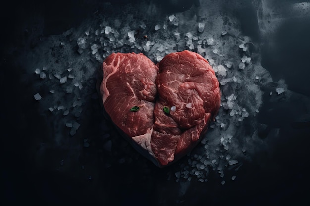 Heart shape raw fresh beef steak on metal background AI generated