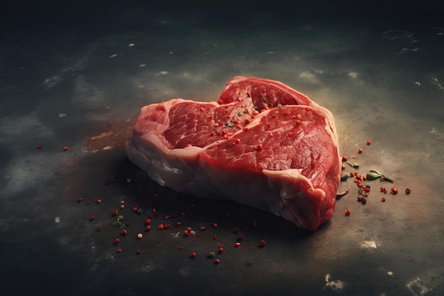 Heart shape raw fresh beef steak on metal background AI generated