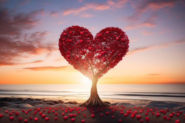 Heart shape tree with red leaves on red flower field love symbol concept for valentine's day wedding etc