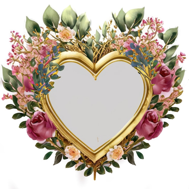 Heart shape watercolor flowers in gold frame