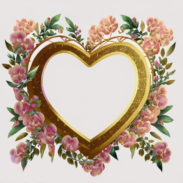 Heart shape watercolor flowers in gold frame