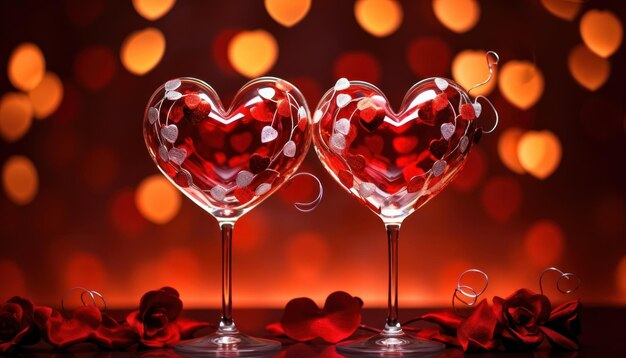 Photo heart shape wine glasses and roses over a red background with red velvet