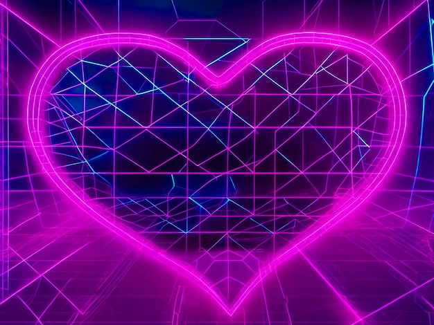 Photo heart shape with synthwave wireframe net illustration abstract digital background 80s 90s retro f