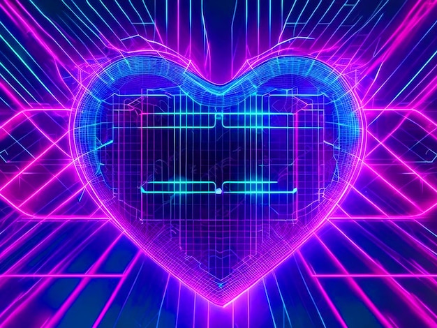 Форма сердца с сетчатой иллюстрацией Synthwave Wireframe Абстрактный цифровой фон 80-х 90-х годов Ретро f