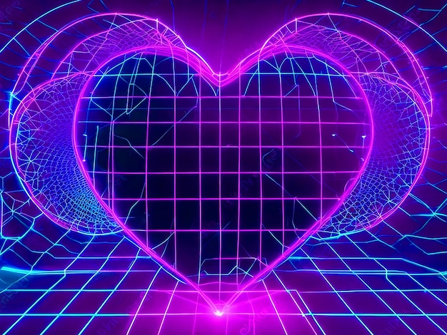 Heart shape with synthwave wireframe net illustration abstract digital background 80s 90s retro f