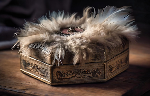 Heart shape wooden box with grey feather and branches