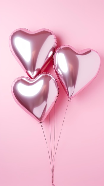 Heart shaped air balloons isolated on pink pastel background in a love valentine concept