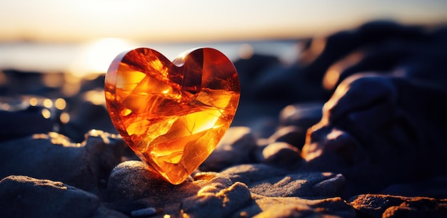 Heart shaped amber on sand on the beach at sunset