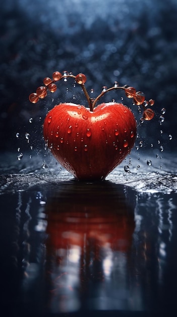 A heart shaped apple with water drops on it