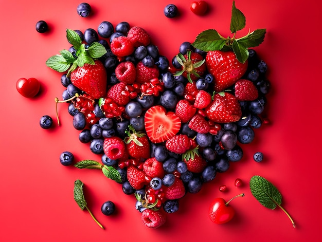 Photo a heart shaped arrangement of berries and mint