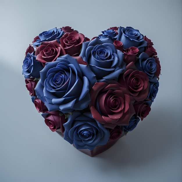 A heart shaped arrangement of blue and red roses