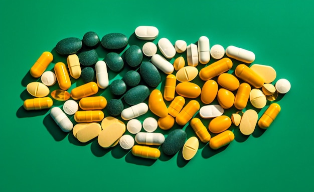 A heart shaped arrangement of different pills on a green background