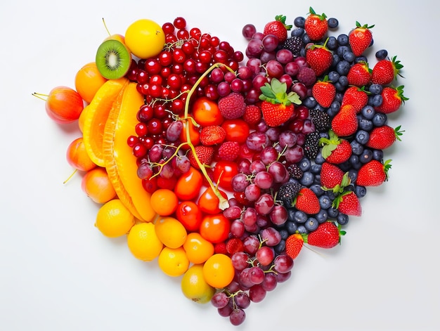 A heart shaped arrangement of fruits and vegetables