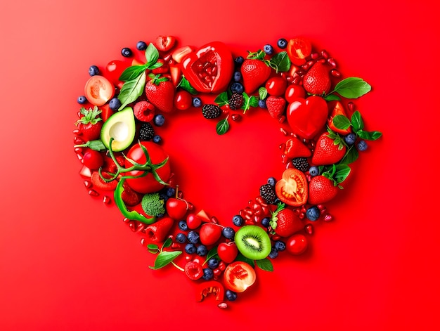 A heart shaped arrangement of fruits and vegetables