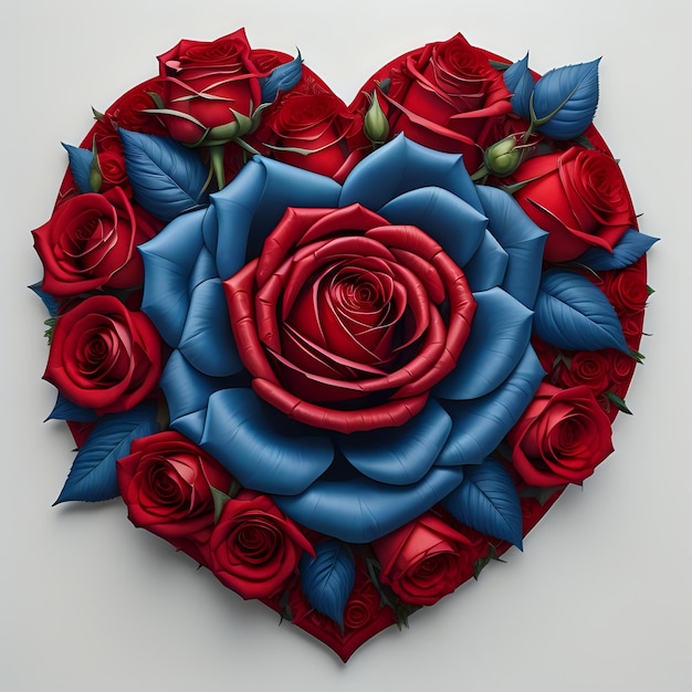 A heart shaped arrangement of red and blue roses