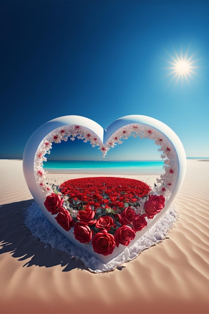 Heart shaped arrangement of red roses on a sandy beach Generative Ai