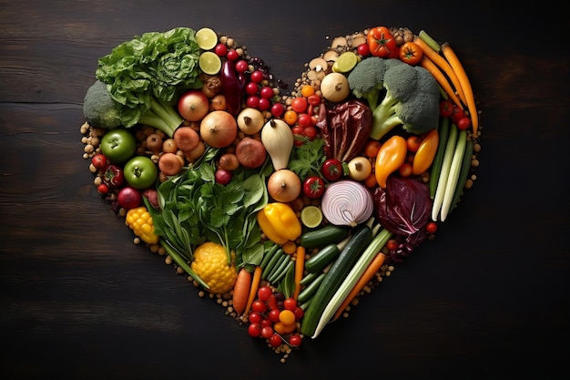 A heart shaped arrangement of vegetables on a wooden table AI