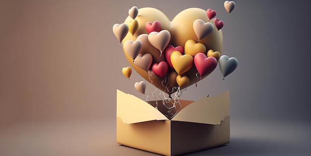 Heart shaped ballons coming out of a box, with copy space. Valentines day concept. AI generative.