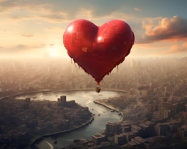 Воздушный шар в форме сердца, парящий в воздухе над городом 3D-рендеринг