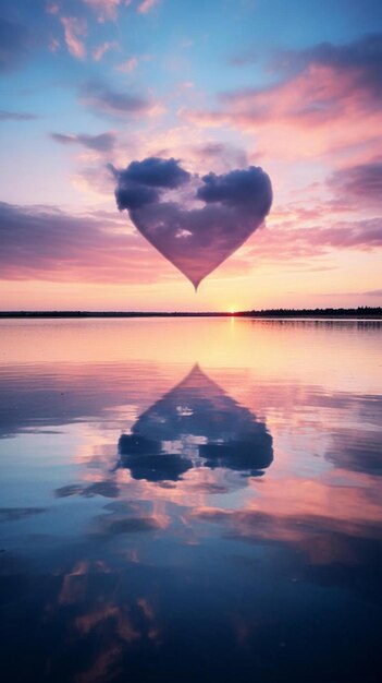 Photo heart shaped balloon floating on the water with sunset sky and clouds