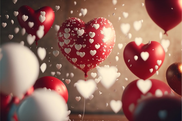 Воздушный шар в форме сердца окружен множеством сердечек.