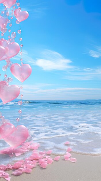 heart shaped balloons on the beach with the ocean in the background