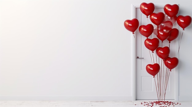 Heart shaped balloons come out from the door in white room with copy space Generative Ai