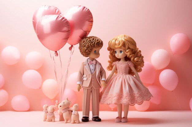 Heart shaped balloons and cute girl and boy doll on a pink background