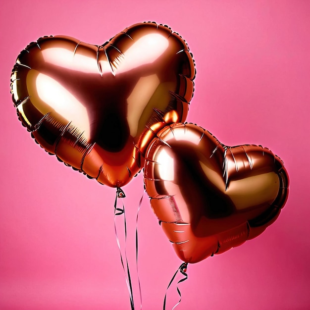 Photo heart shaped balloons made of rose gold foil showing luxury elegant romance and love