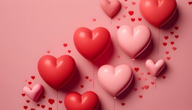 Heart shaped balloons on pink background, Valentine's Day celebration