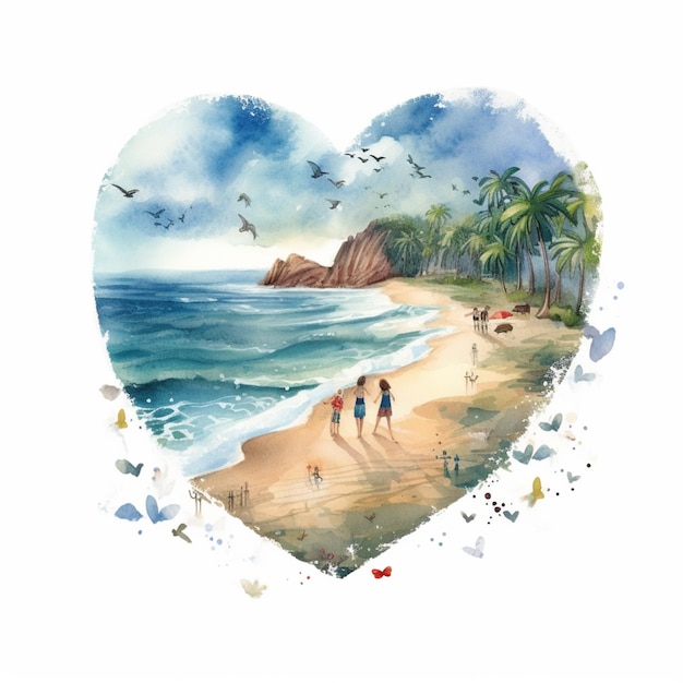 A heart shaped beach with a beach scene and a couple walking on it.