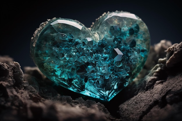 A heart shaped blue glass with diamonds in the center