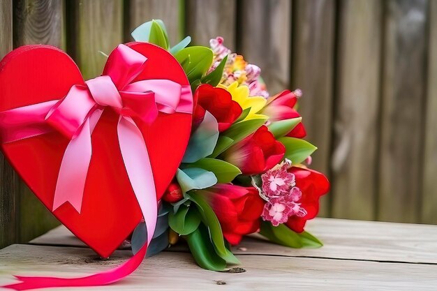 A heart shaped bouquet of flowers is on a wooden table.