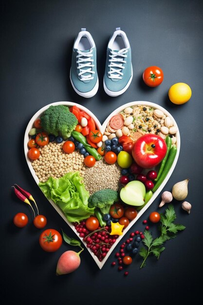 Foto una ciotola a forma di cuore di frutta e verdura con un paio di scarpe da ginnastica