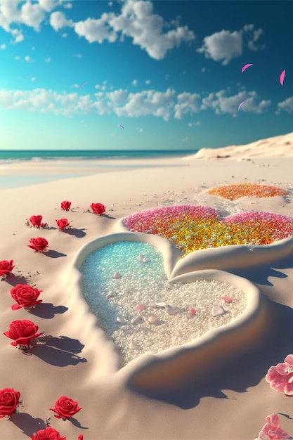 Heart shaped bowl sitting on top of a sandy beach Generative Ai