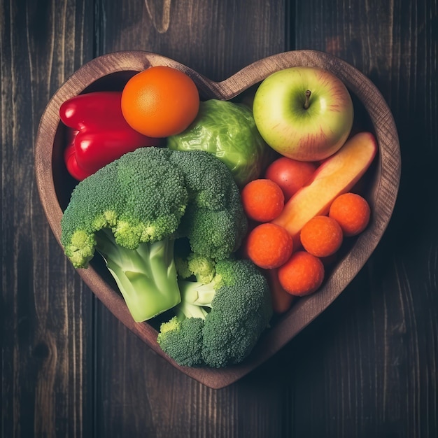 A heart shaped bowl of vegetables is on a wooden table