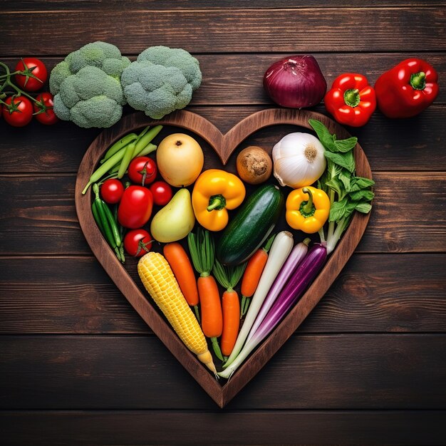 A heart shaped bowl of vegetables with the word " vegetables " in the middle.