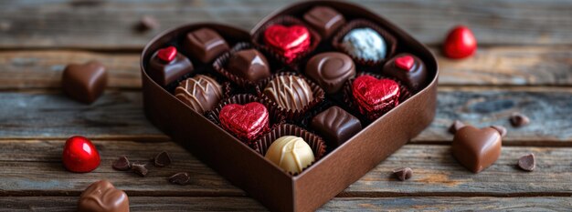 the heart shaped box of chocolates on the wooden table