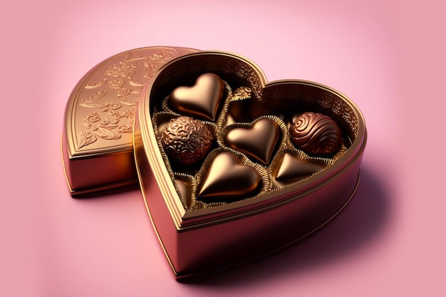 Heart shaped box with chocolates on a pink background